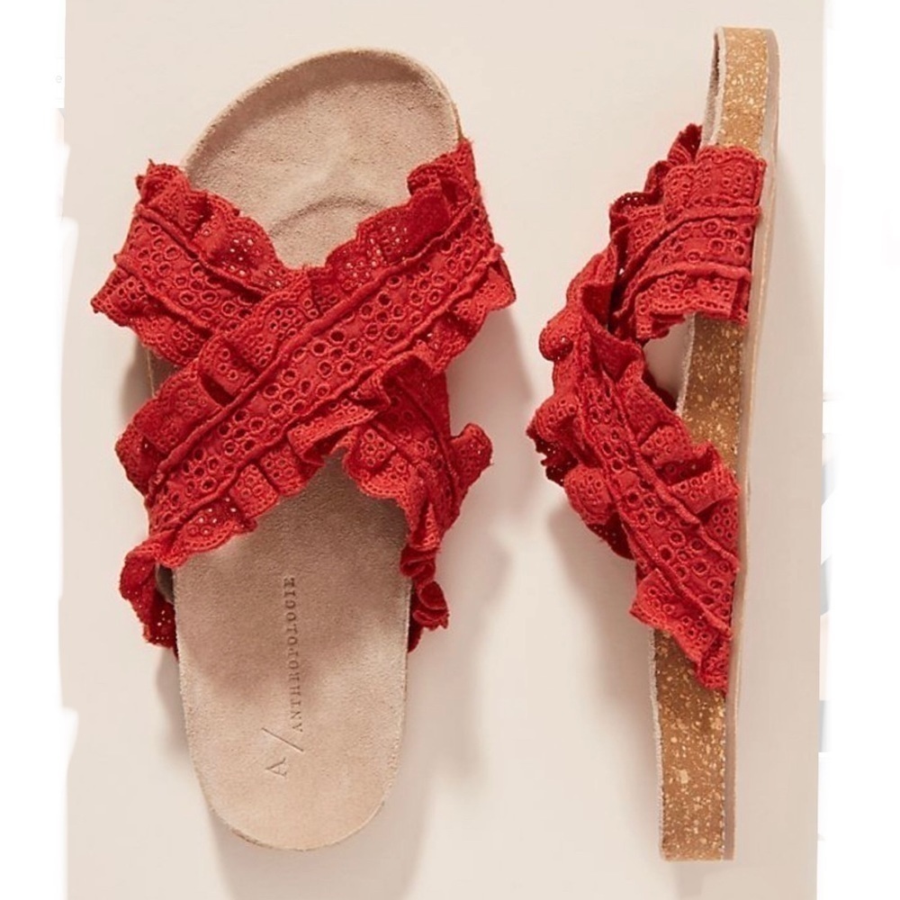 Anthropologie Bianca Ruffled Slide‎ Sandals in Red Size 8